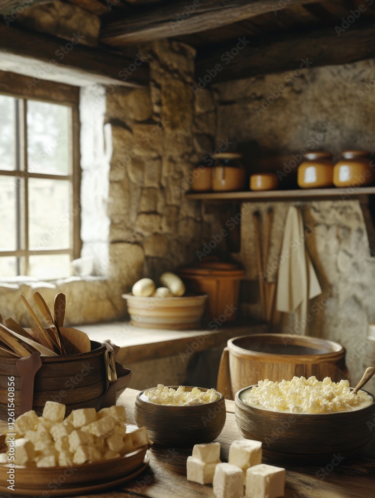 A traditional cheese-making scene, curds being pressed into molds A traditional cheese-making scene, curds being pressed into molds