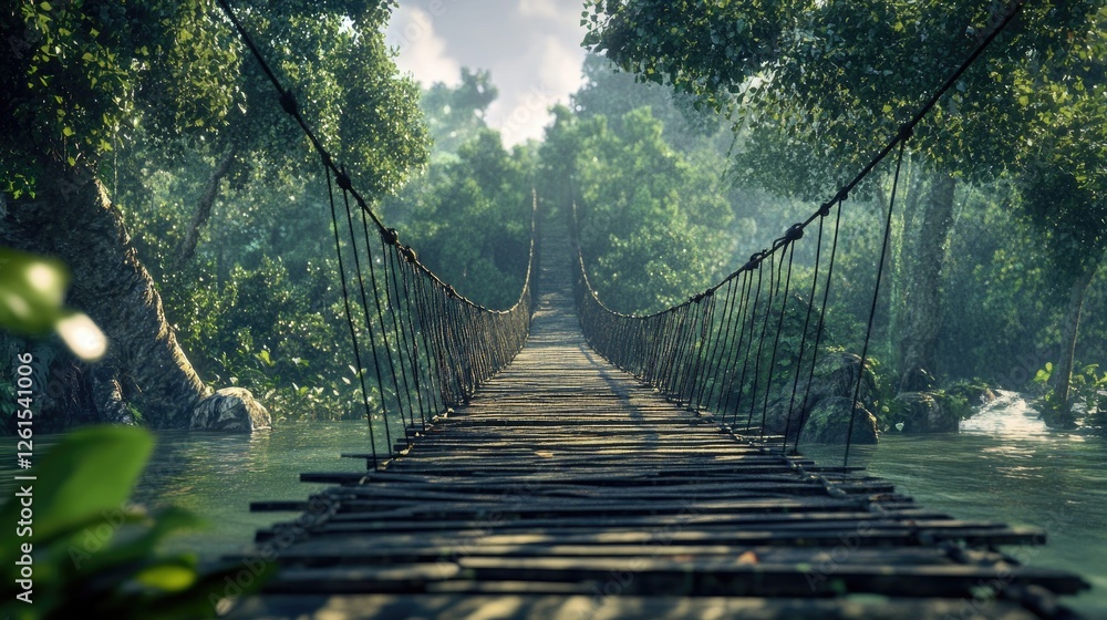 Obraz premium Jungle rope bridge crossing river, adventure path