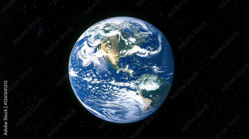 Stunning view of planet Earth from space, showcasing the Americas and swirling clouds.  Detailed texture and vibrant colors depict our world against a backdrop of stars.