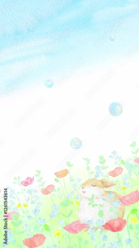春の花畑でシャボン玉を眺める子ウサギの縦型ループアニメーション。水彩画を使用したカラフルで可愛い映像。 春の花畑でシャボン玉を眺める子ウサギの縦型ループアニメーション。水彩画を使用したカラフルで可愛い映像。