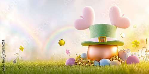 Bright celebration features a green hat and a pot of gold surrounded by colorful eggs on a grassy field. A vibrant rainbow and flowers enhance the festive atmosphere