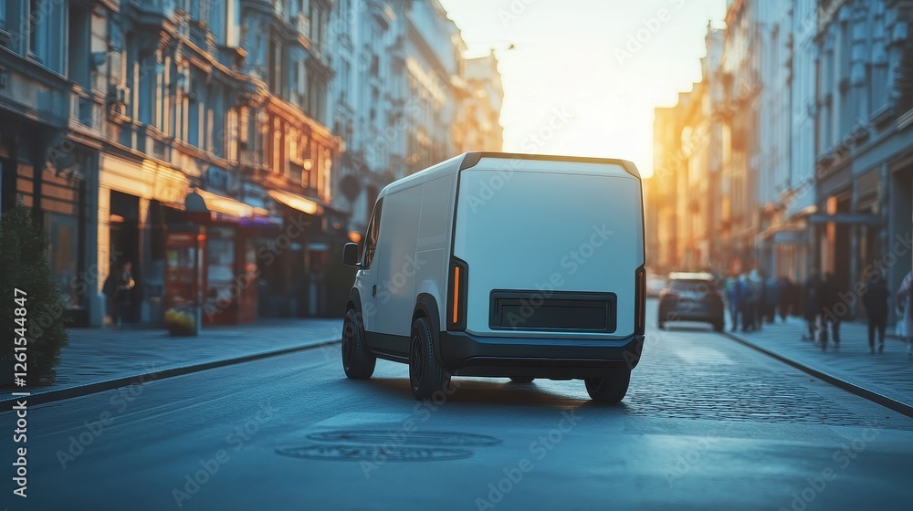 Autonomous delivery vehicle on urban street, next-gen e-commerce fulfillment. Autonomous delivery vehicle on urban street, next-gen e-commerce fulfillment.