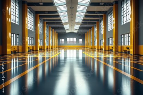 Wallpaper Mural Symmetrical Perspective of Modern School Gymnasium with Gray and Yellow Scheme. Torontodigital.ca