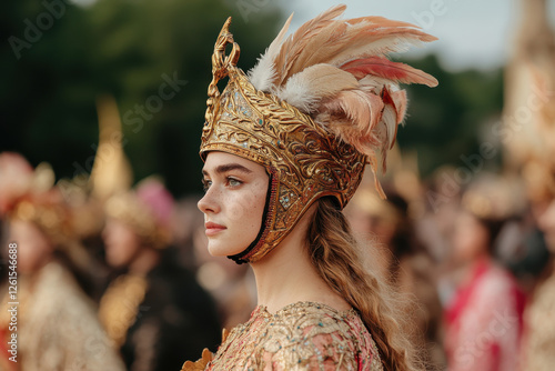 A woman in a gold headdress stands in front of a crowd photo