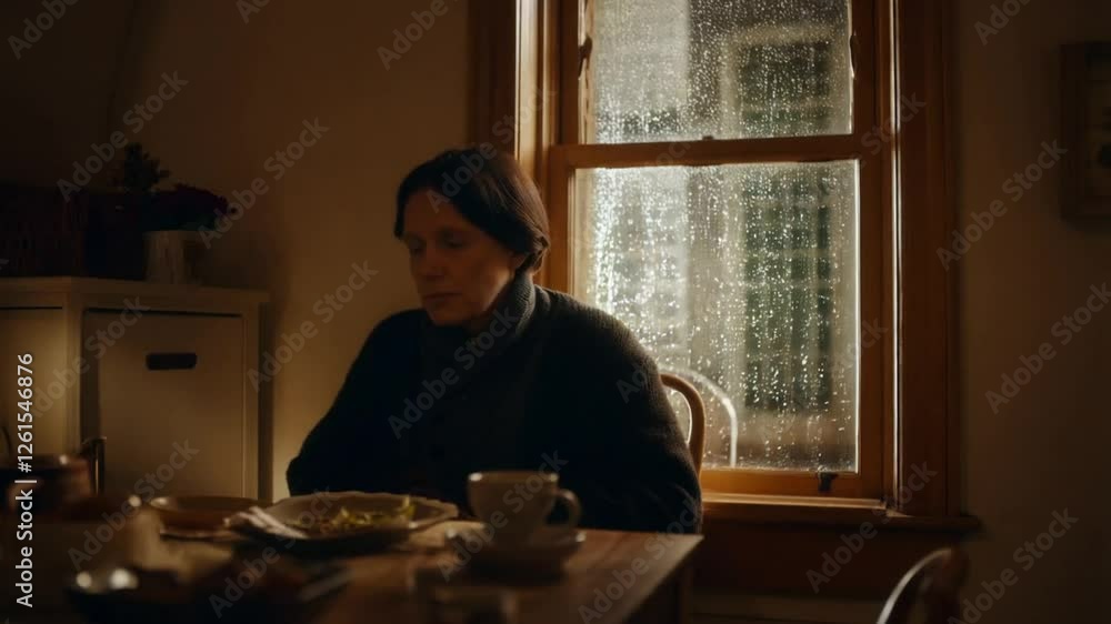 A figure seated in a small, intimate room, gazing out the window as rain softly taps against the glass. A figure seated in a small, intimate room, gazing out the window as rain softly taps against the glass.