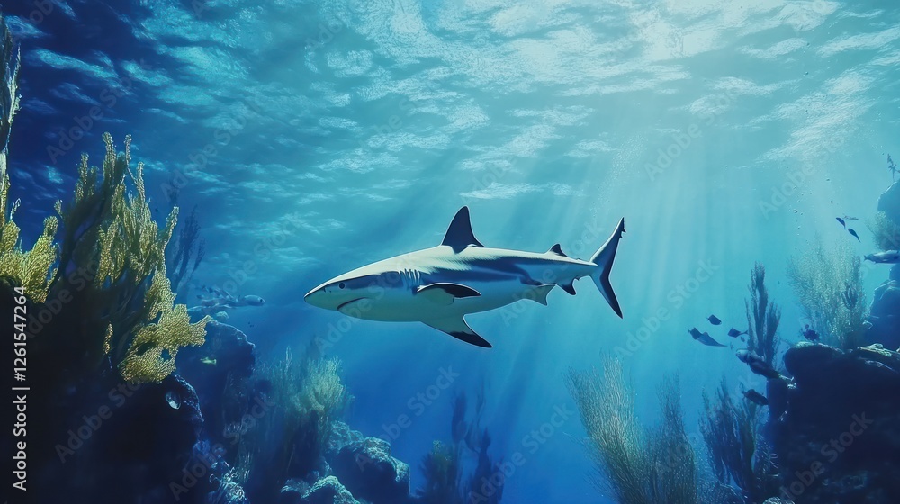 Fototapeta premium A shark swims gracefully through a vibrant underwater scene filled with marine life.