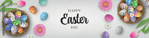 easter banner with colorful eggs and flowers. easter background with decorated eggs in a nest, tulips and daisy