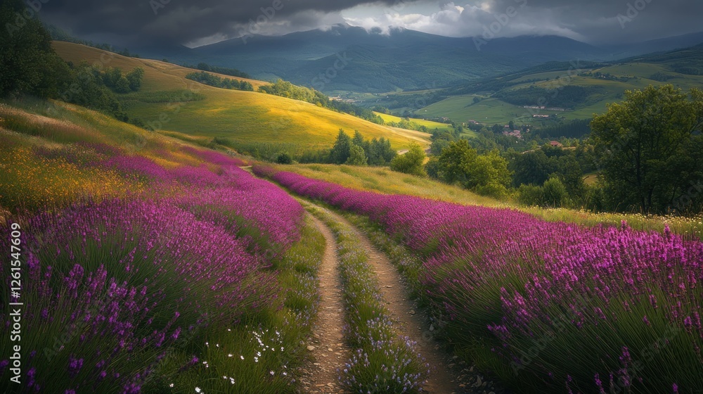 Obraz premium Serene Lavender Fields with a Winding Path Under Dramatic Clouds in a Rural Landscape