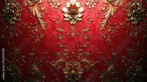 Ornate red wallpaper with golden floral patterns, showcasing intricate designs and textures