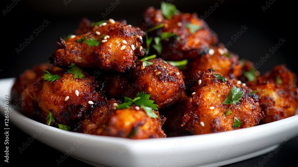 Crispy Golden Nuggets Served on a White Plate with Sesame Seeds and Fresh Herbs Crispy Golden Nuggets Served on a White Plate with Sesame Seeds and Fresh Herbs
