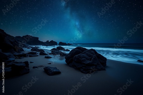 Serene nighttime beach scene featuring stars shining above, dark boulders on a sandy shore, and gentle waves under a tranquil atmosphere
