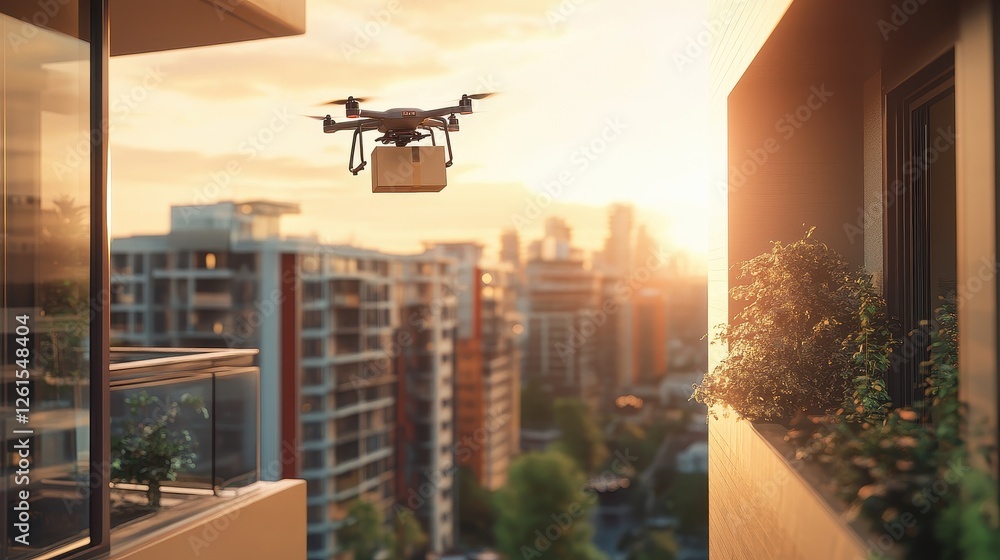 Drone delivering package to urban balcony, futuristic e-commerce logistics. Drone delivering package to urban balcony, futuristic e-commerce logistics.