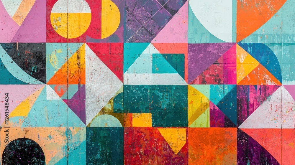 Fototapeta premium Vibrant Geometric Abstract Mural: A Symphony of Color and Shape