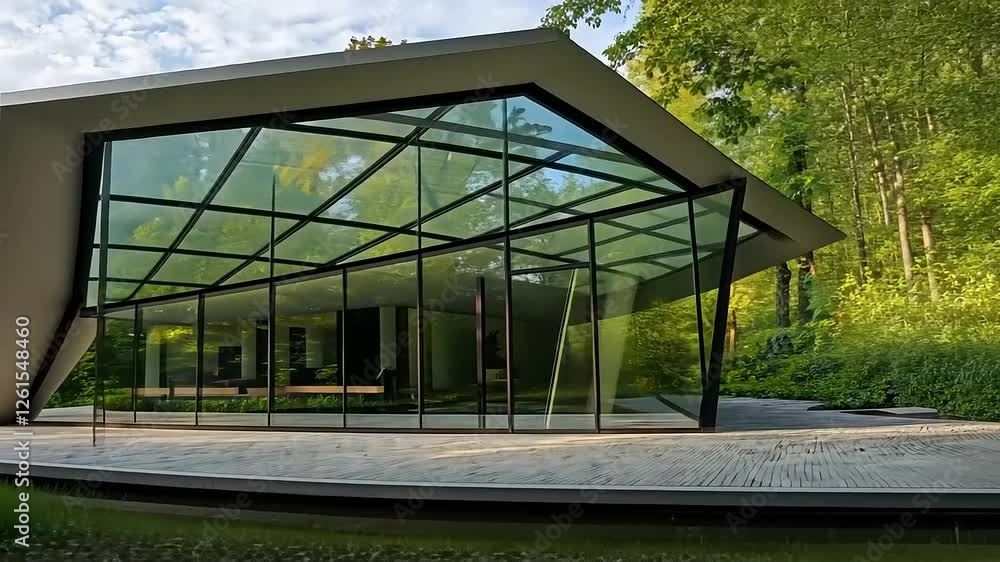 Modern architectural structure with large glass windows set in a lush green forest environment