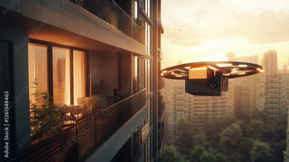 Fototapeta premium Drone delivering package to urban balcony, futuristic e-commerce logistics. 