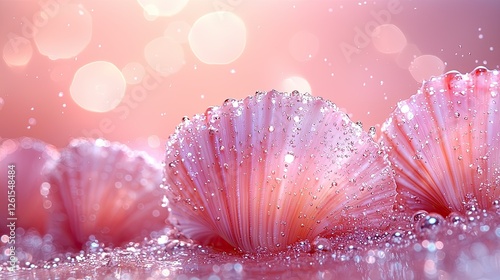 Delicate pink seashells glistening with water droplets against a soft pastel background