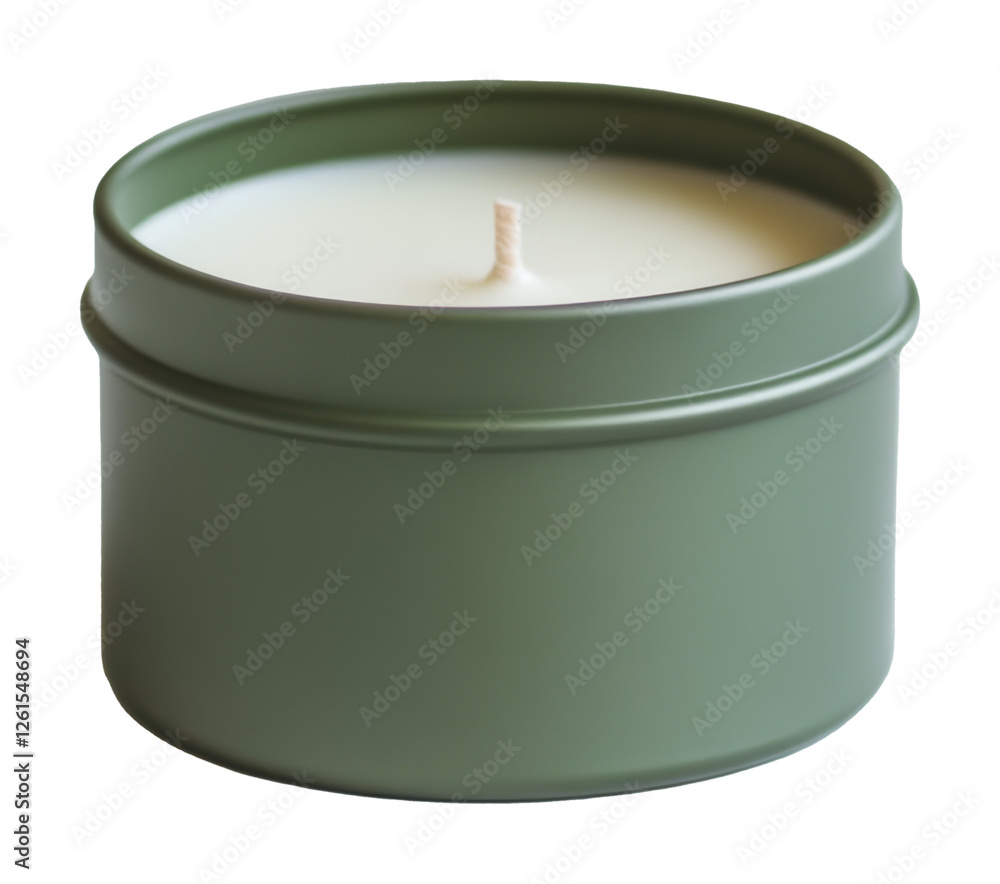 green tin candle with white wax, minimalistic home decor concept green tin candle with white wax, minimalistic home decor concept