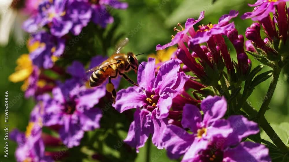 Bee in Flight Among Vibrant Purple and Yellow Flowers Bee in Flight Among Vibrant Purple and Yellow Flowers