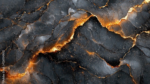 Abstract texture of dark stone with glowing golden veins and cosmic speckles, ideal for backgrounds
