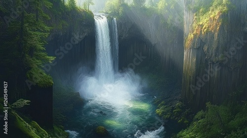 Majestic waterfall cascading down mossy cliffs, sunlight illuminating mist, lush forest backdrop; nature travel poster