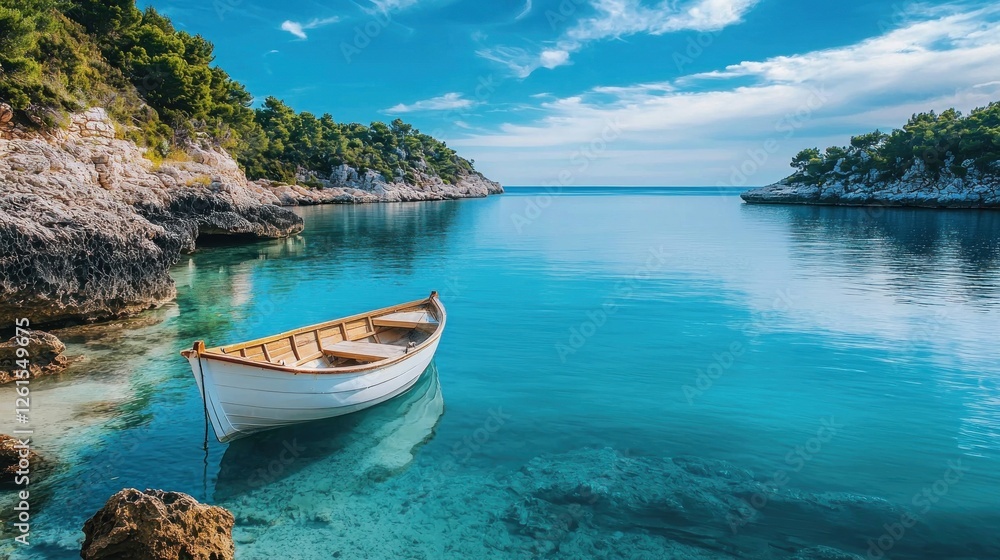 Tranquil Cove: Serene Boat on Crystal Clear Waters Tranquil Cove: Serene Boat on Crystal Clear Waters