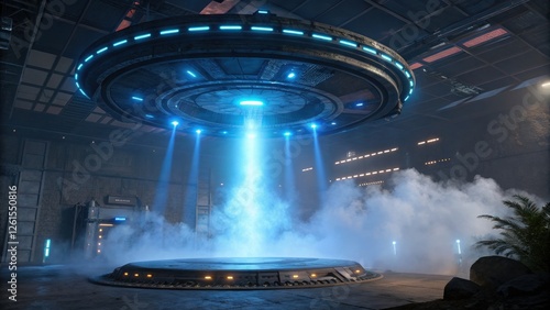 Futuristic background concept, Futuristic UFO with blue lighting and misty atmosphere