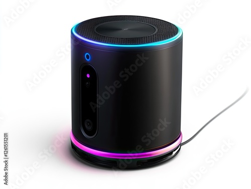 Smart speaker with RGB lighting, studio shot, white background, technology