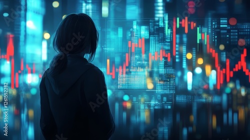 Wallpaper Mural A young Asian woman analyzes digital market data in a futuristic cityscape at night. Torontodigital.ca