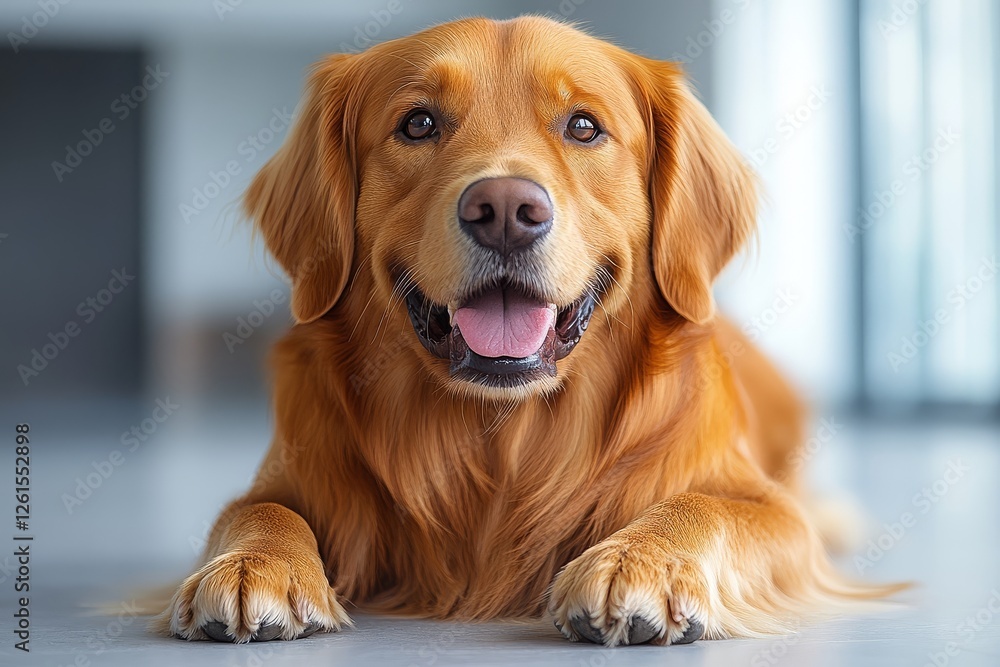 Golden Retriever Lying Down Looking at Camera on White Background. Full-Body Portrait with Clipping Path in Studio Shot. Golden Retriever Lying Down Looking at Camera on White Background. Full-Body Portrait with Clipping Path in Studio Shot.