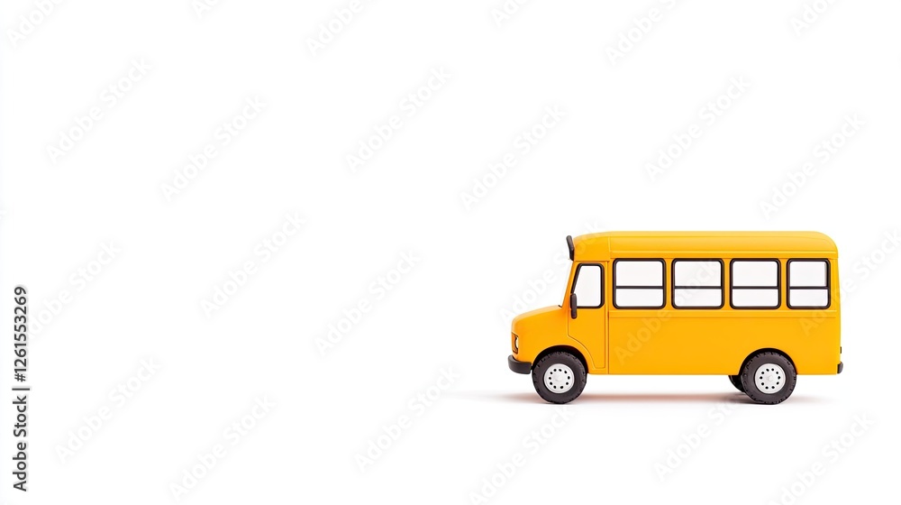 Bright yellow toy school bus moving across a white background, ideal for children's education themes Bright yellow toy school bus moving across a white background, ideal for children's education themes