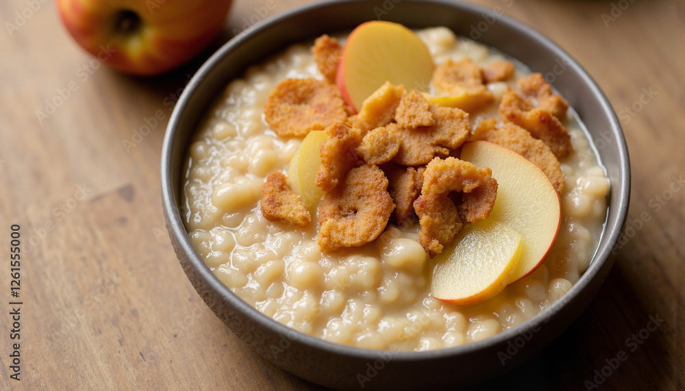 Warm amaranth porridge with sliced apples, comfort food in natural light Warm amaranth porridge with sliced apples, comfort food in natural light
