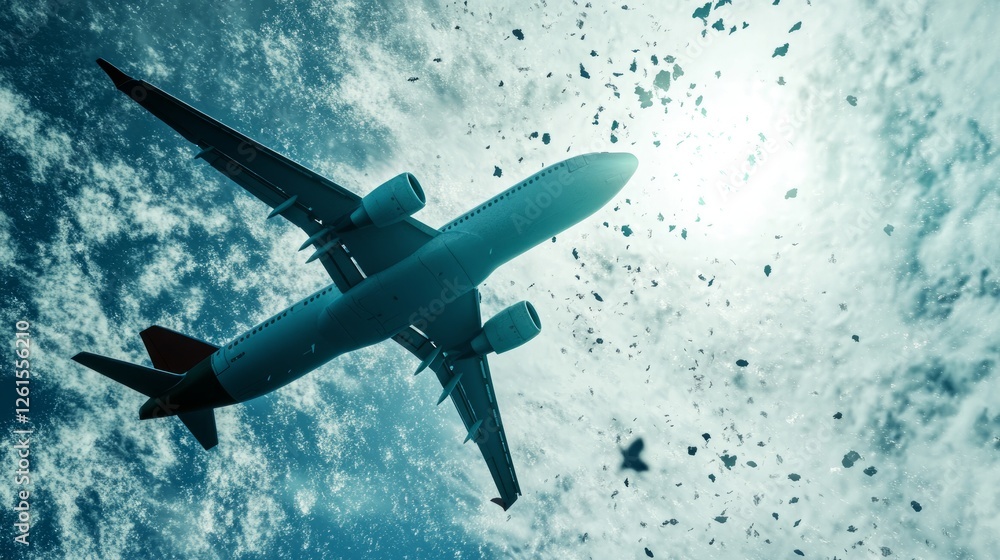 Obraz premium Space debris descending near airplane, symbolizing growing aviation risks.
