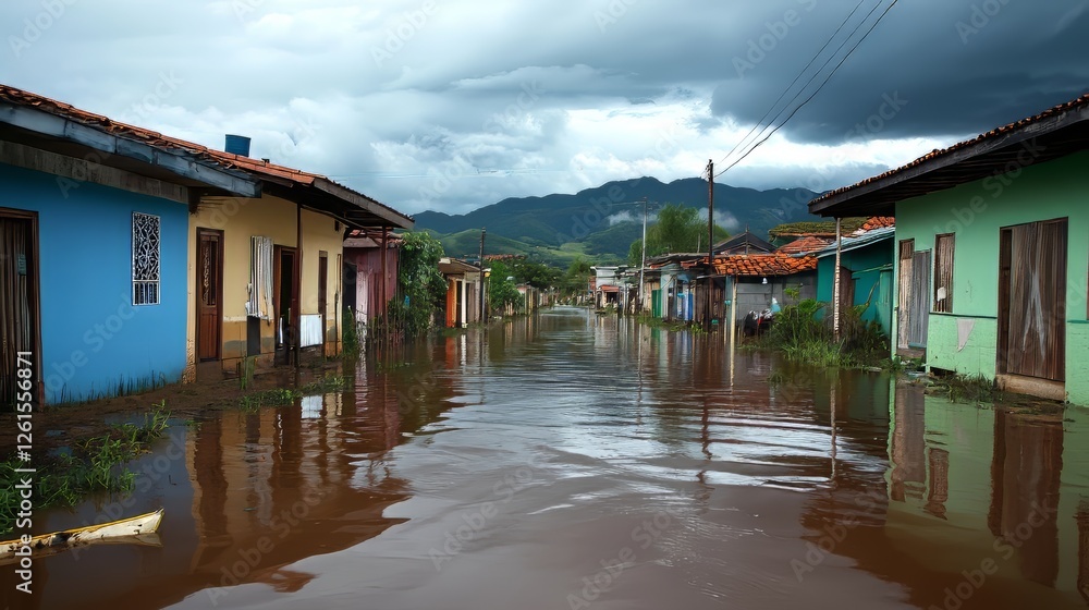 Flooded street in a colorful village under a cloudy sky. Flooded street in a colorful village under a cloudy sky.