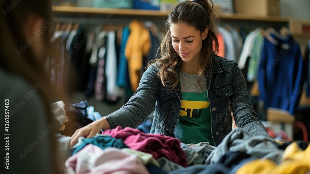Obraz premium Volunteers organizing donated clothing at a community center, preparing for a charity drive.