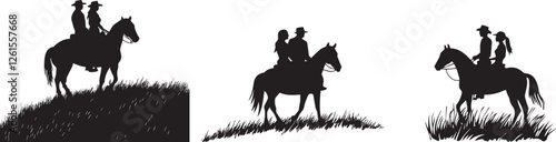 Silhouette of a couple riding horseback together across a field vector silhouette