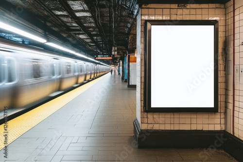 Fototapeta Naklejka Na Ścianę i Meble -  Blank Advertising Board on Subway Platform with Moving Train