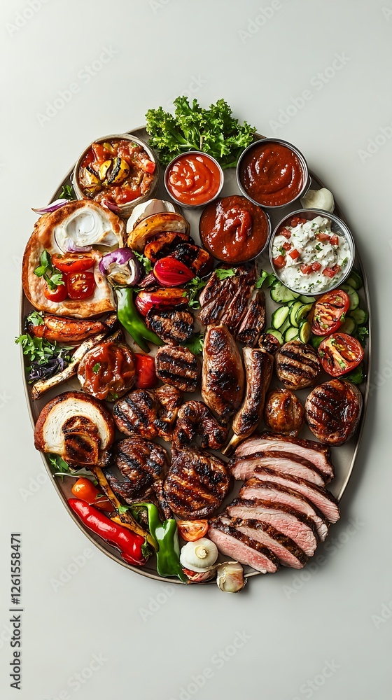 Fototapeta premium Assorted Grilled Meats and Vegetables on a Serving Platter