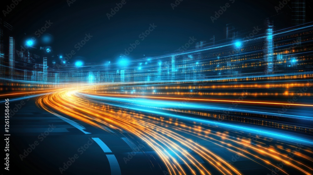 Obraz premium Vibrant night cityscape with light trails from moving vehicles creating a dynamic atmosphere