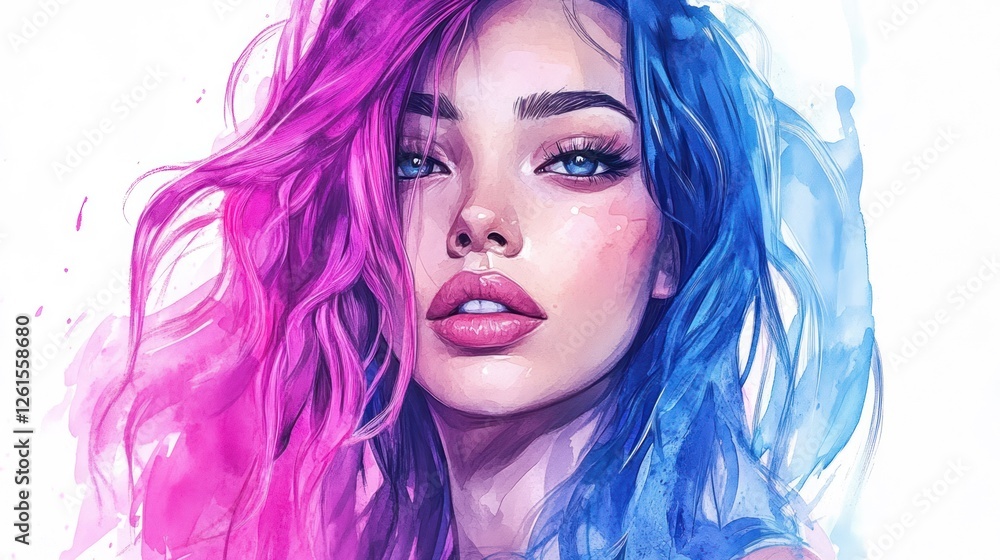 Fototapeta premium A vibrant portrait of a woman with colorful hair, blending pink and blue hues.