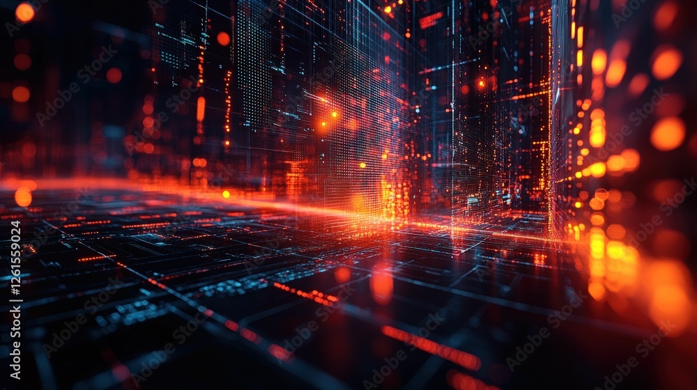 Obraz premium Digital cityscape glowing red blue vibrant technology