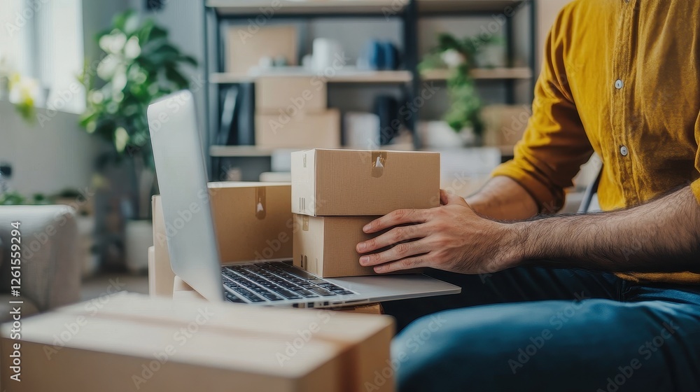 Fototapeta premium User scrolling through product reviews with delivery ratings, online shopping trust. 