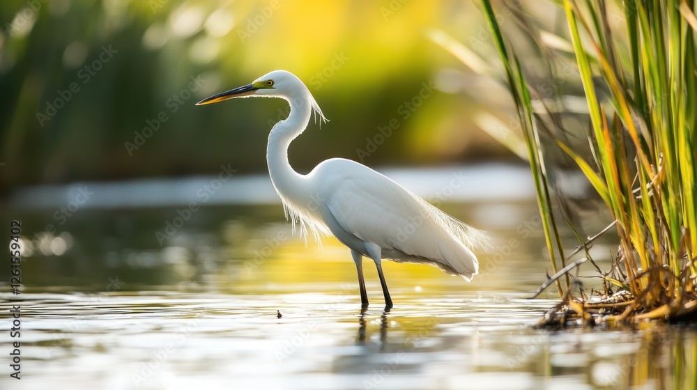 Naklejka premium White egret standing gracefully in a shallow pond, surrounded by reeds.