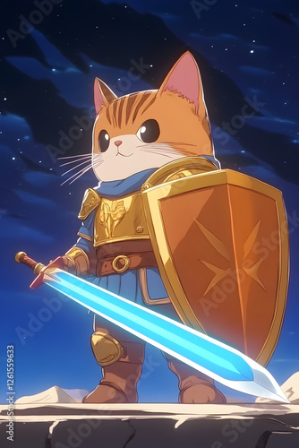 Epic adventure cat knight fantasy realm digital art night sky heroic journey