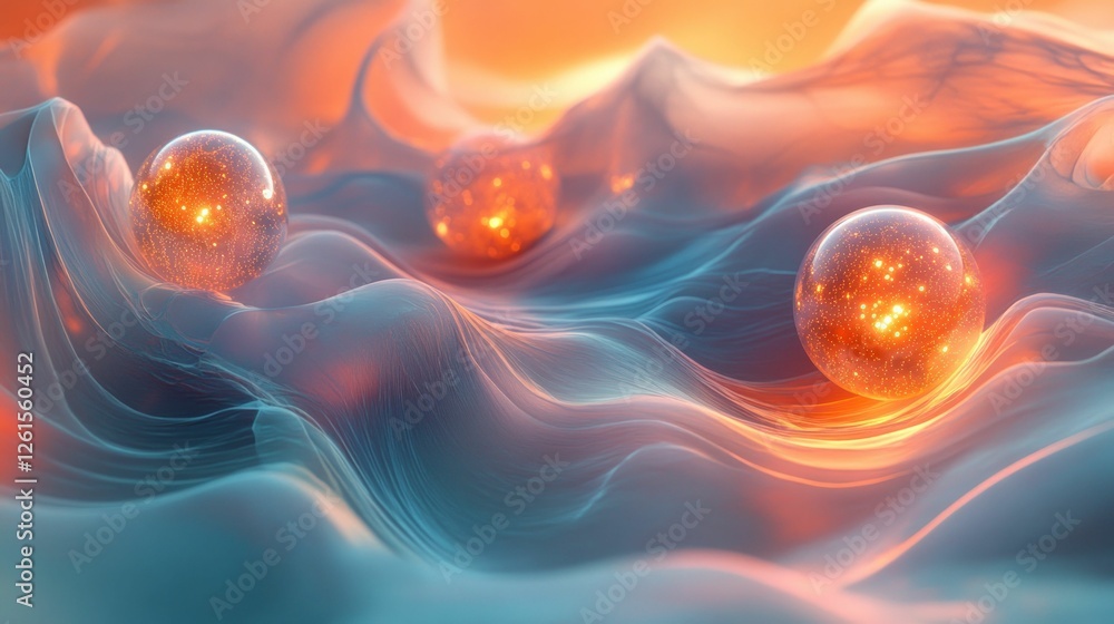 Glowing orbs rest on swirling, ethereal waves. Glowing orbs rest on swirling, ethereal waves.