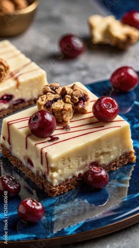 Decadent Indulgence: A Hyper-Realistic Close-Up of White Chocolate Desserts with Cranberries on Marble