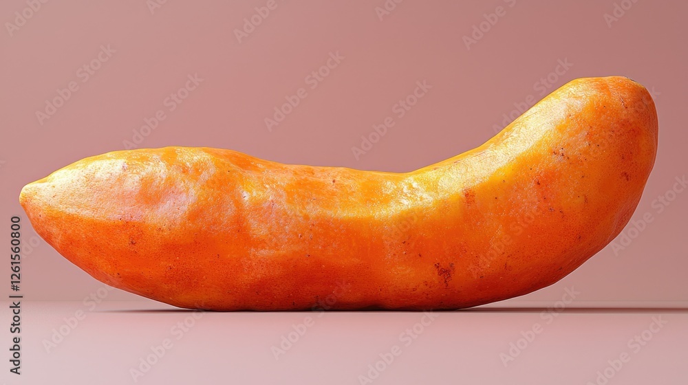 Close-up of a vibrant, elongated orange sweet potato on a smooth pink background, emphasizing its texture Close-up of a vibrant, elongated orange sweet potato on a smooth pink background, emphasizing its texture