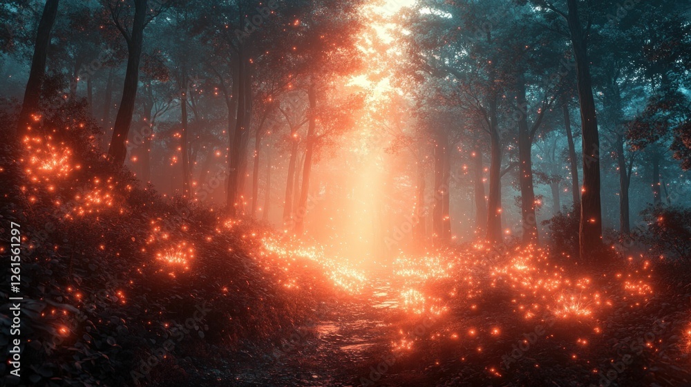 Enchanting forest path glowing fireflies mystical ambiance Enchanting forest path glowing fireflies mystical ambiance