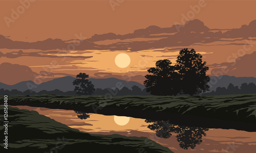 sunset in the forest with creek