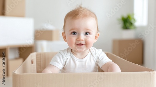 Baby in Cardboard Box, Happy, Home, Moving, Interior,  Possible use stock photo for baby products