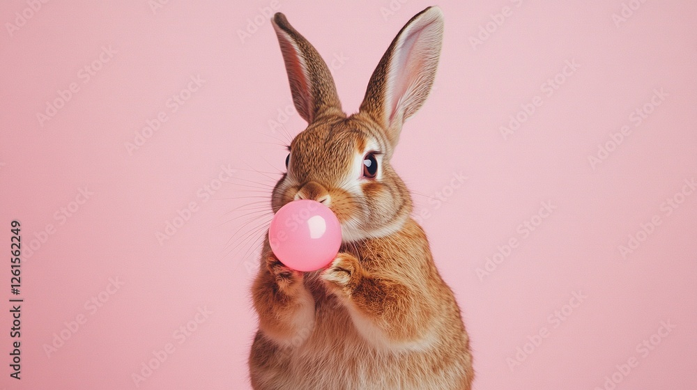 Fototapeta premium Cute brown rabbit blowing a pink bubble gum, against a solid pastel background, happy expression, natural posture, animal portrait photograph, commercial photography, close-up, minimalist style